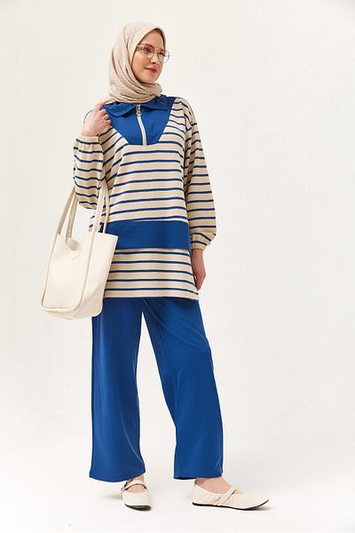 CALİENTE Zippered Striped Shirt Collar Suit Navy Blue