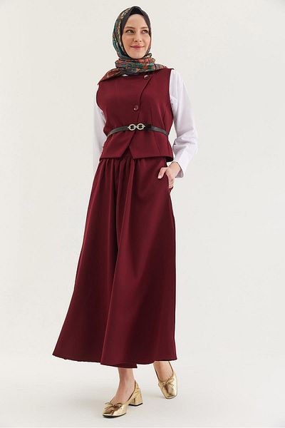 CALİENTE Belt Detailed Skirted Double Suit Claret Red