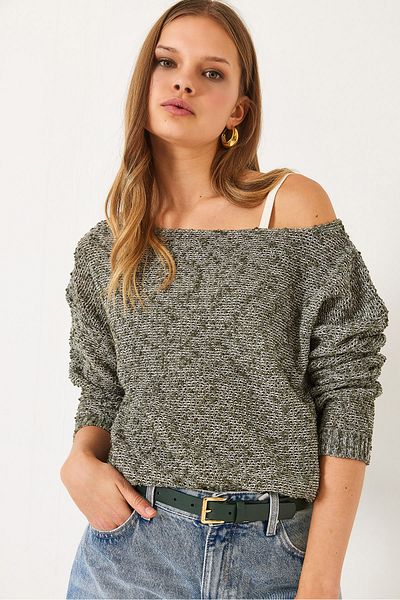 Bianco Lucci Women's Boat Neck Mesh Detail Openwork Knitwear Blouse 20251017