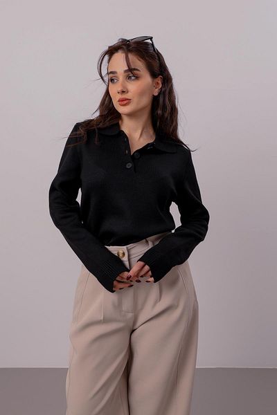 FACETTE Pulover negru cu guler polo cu nasturi pentru femei