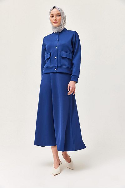 CALİENTE Metal Buttoned Skirt Scuba Double Suit Navy Blue