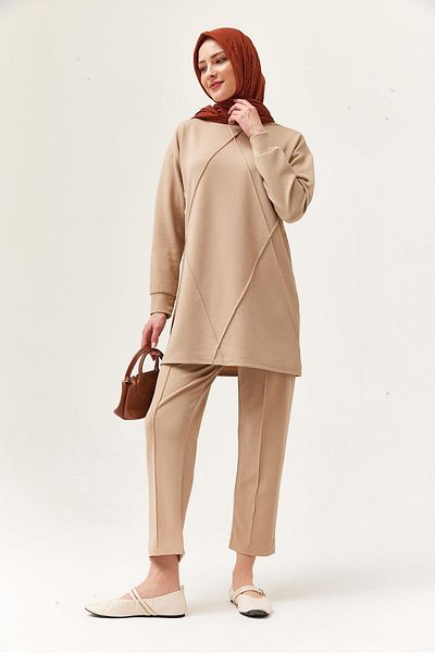 CALİENTE Women's Cross Striped Double Suit Beige