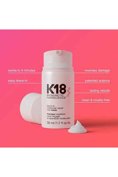 K18 Full-Size Leave-In Hair Mask, Repairs Dry/Damaged Hair, Reverses Damage from Bleach, Color, Heat