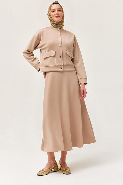 CALİENTE Scuba Double Suit with Metal Button Skirt Beige