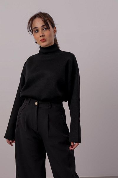 FACETTE Pulover oversize negru cu guler vertical pentru femei