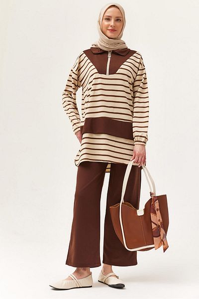 CALİENTE Zippered Striped Shirt Collar Suit Brown