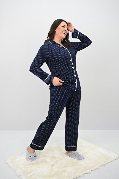 Koza Butik Kadın Büyük Beden Uzun Kollu Önden Düğmeli Pijama Takımı 4234-25