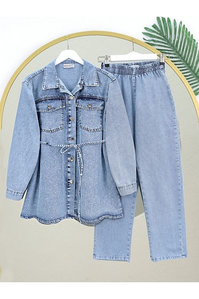 Modamorfo Set de blugi cu pantaloni de jachetă cu nasturi de piatră de împrăștiat albastru gheață