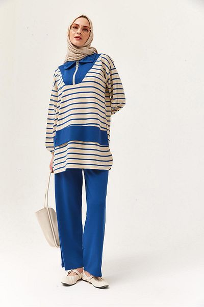 CALİENTE Zippered Striped Shirt Collar Suit Navy Blue