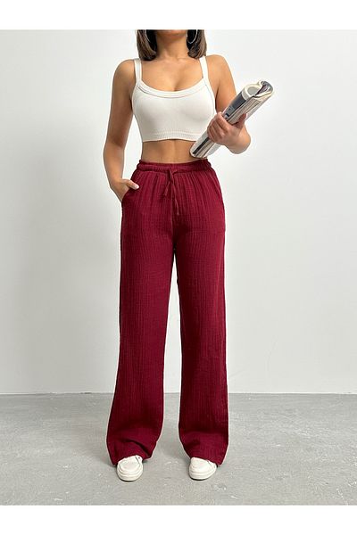 BEJNA Burgunderfarbene Palazzo-Hose aus Musselin für Damen