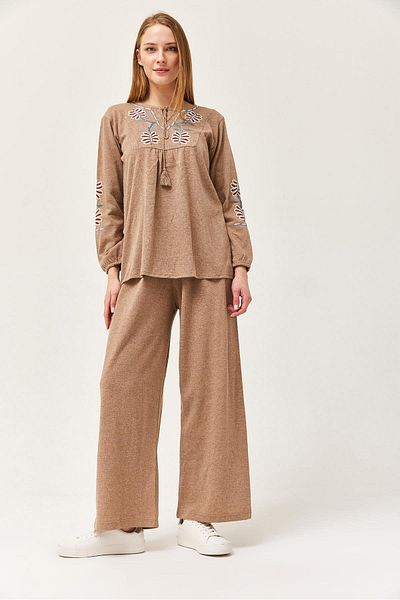CALİENTE Front Embroidered Tasseled Double Suit Mink