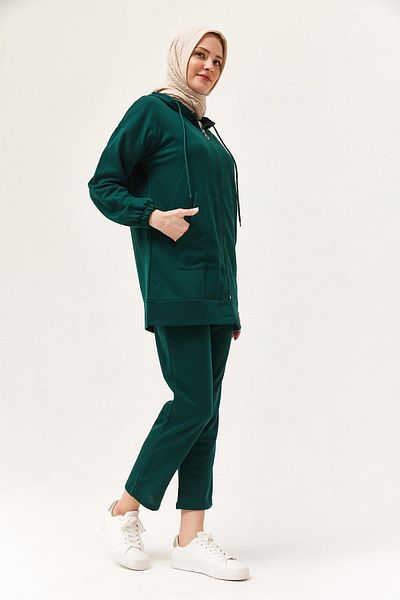 CALİENTE Women's Hooded Zippered Double Suit Green