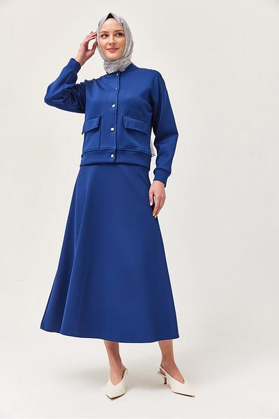 CALİENTE Metal Buttoned Skirt Scuba Double Suit Navy Blue