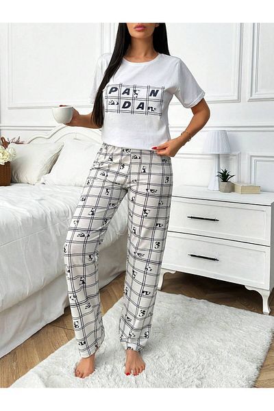 VG BOND MODA Combed Cotton Print Detailed Short Sleeve Women's Double Pajamas Set Vg135