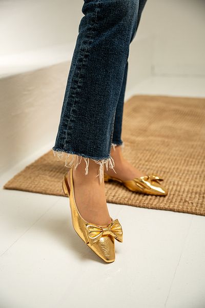 LAMİNTA Heju Gold Bow Detailed Flat Heeled Women's Ballerinas