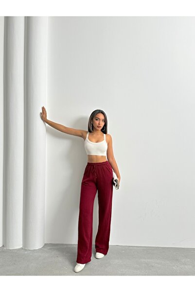 BEJNA Women's Burgundy Muslin Palazzo Trousers