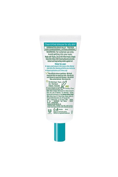 Simple Daily Skin Detox SOS Clearing Booster with Thyme, Zinc, Witch Hazel - 25ml, Shine & Blemish Control