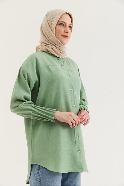 CALİENTE Linen Fabric Sleeve Ribbed Detailed Shirt Tunic Green
