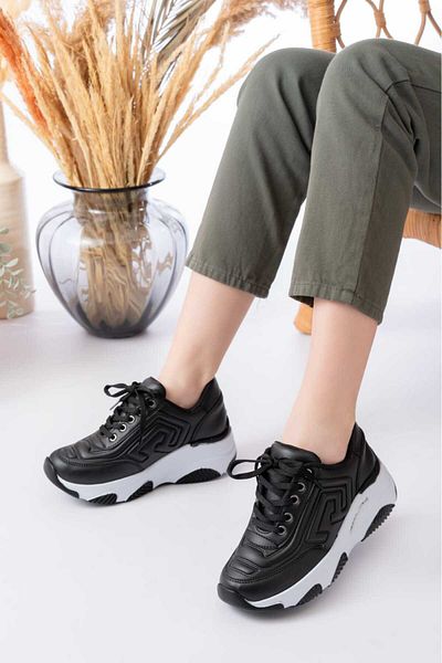 Weynes Women's Black White Leather Embossed High Sole Sports Shoes Wsb4012