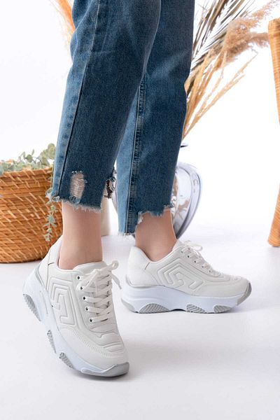 Weynes Women's White Leather Embossed High Sole Sports Shoes Wsb4012