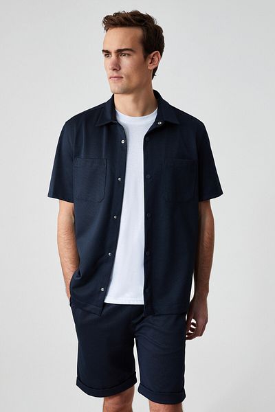 GRIMELANGE Melos Men's Short Sleeve Pocket Snap Relaxed Fit Navy Blue Shirt