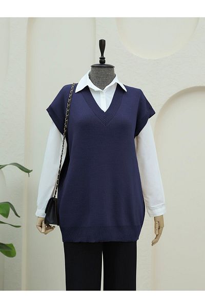 Modamorfo V-Neck Oversize Knitwear Sweater - Navy