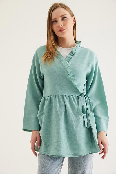 CALİENTE Side Tie Kimono with Ruffled Collar Green