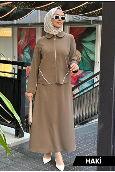 NİHALE Yeni Sezon Fermuarlı Desenli Bluz Beli Lastikli Etek Alt-Üst Takım