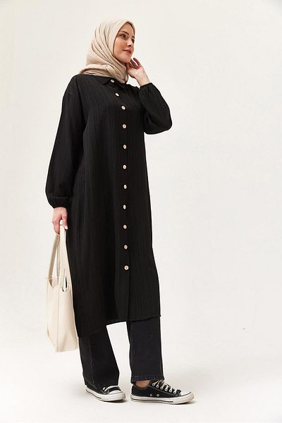 CALİENTE Linen Buttoned Long Hijab Tunic Black