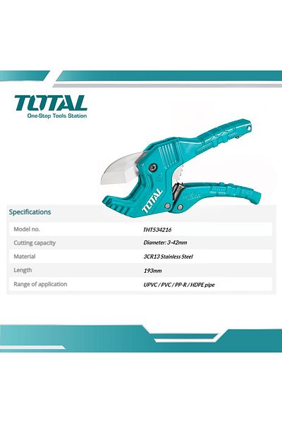 TOTAL Pipe Cutter – 3-42mm Cutting Range, Automatic Open, 3CR13 Stainless Steel Blade
