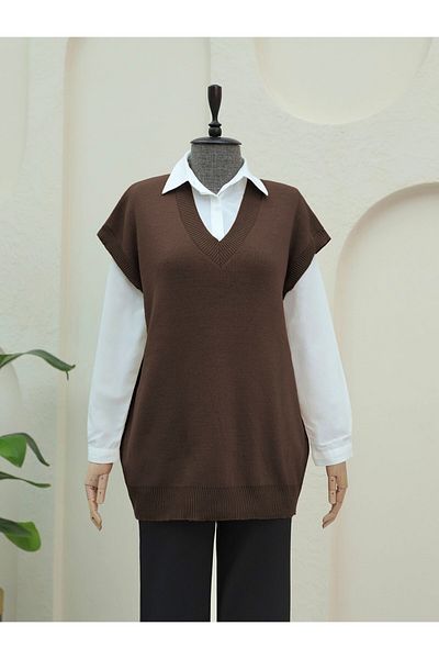 Modamorfo V-Neck Oversize Knitwear Sweater - Brown