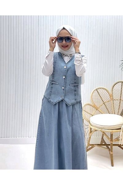 Modamorfo Set de blugi cu decolteu în V albastru gheață cu vestă și fustă