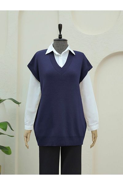 Modamorfo V-Neck Oversize Knitwear Sweater - Navy