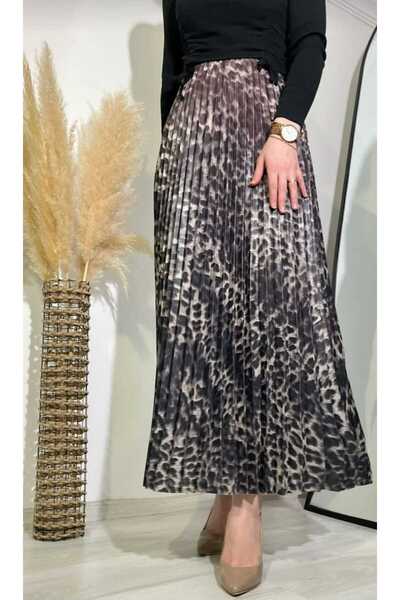 Birru Butik Kadın Deri Görünümlü Lastikli Pileli Leopar Etek