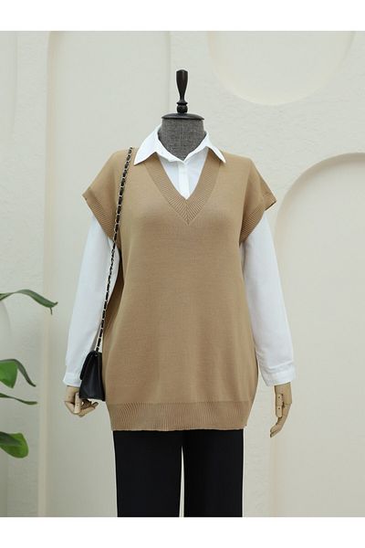 Modamorfo V-Neck Oversize Knitwear Sweater - Mink