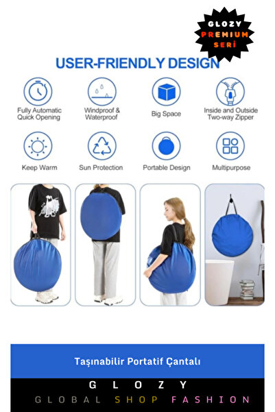 GLOZY Premium Seri Kamp Deniz Duş Pazar Açık Alanlar İçin Su Geçirmez Pratik Fermuarlı Giyinme Kabini