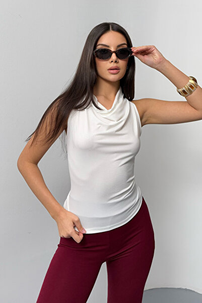 LACHT Γυναικείο λευκό κροκόδειλο μοτίβο γιακά με κουμπιά πίσω μπλούζα μηδενικού μανίκι