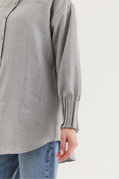 CALİENTE Linen Fabric Sleeve Ribbed Detailed Shirt Tunic Gray