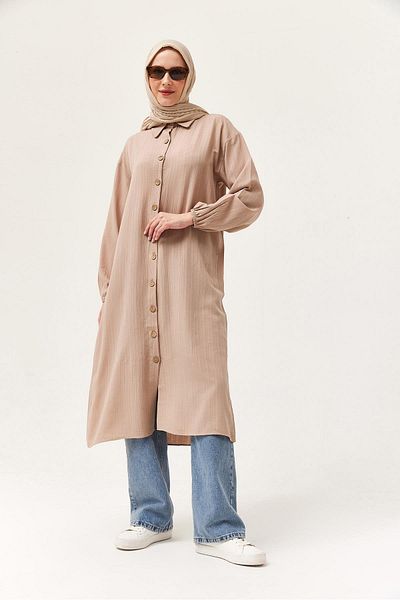 CALİENTE Linen Buttoned Long Hijab Tunic Beige
