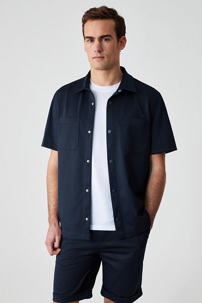 GRIMELANGE Melos Men's Short Sleeve Pocket Snap Relaxed Fit Navy Blue Shirt