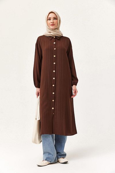 CALİENTE Linen Buttoned Long Hijab Tunic Brown