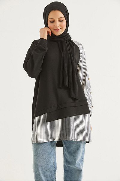CALİENTE Sleeve and Skirt Shirt Garnished Tunic Black