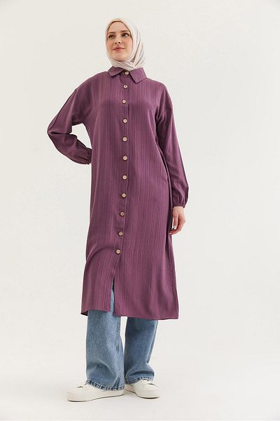 CALİENTE Linen Buttoned Long Hijab Tunic Plum