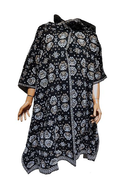 BRV Tekstil Women's Black Floral Patterned Long Oversize Knitwear Poncho Dress with Side Slits