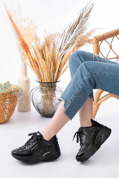 Weynes Women's Black Patent Leather Embossed High Sole Sports Shoes Wsb4012