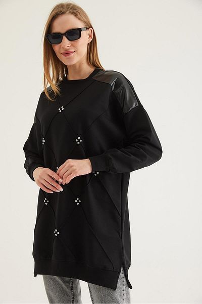 CALİENTE Leather Garnished Stone Two Thread Tunic Black