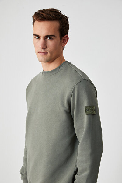 GRIMELANGE Ollie Men's Crew Neck Regular Long Sleeve Embroidery Detailed Khaki Sweatshirt