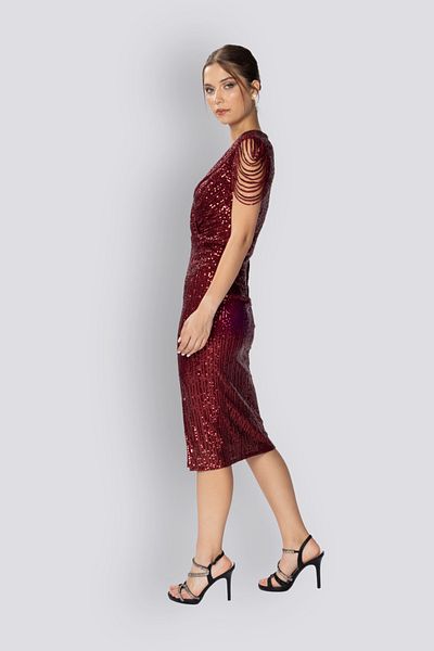 HOX'S Gloria Burgundy Midi Sequined Pencil Dress - Double Breasted Neckline and Front Slit Sleeveless