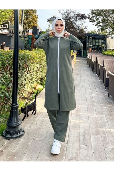 Modamorfo بدلة من القطن الممشط بخيطين مع سحاب على طول الياقة - كاكي