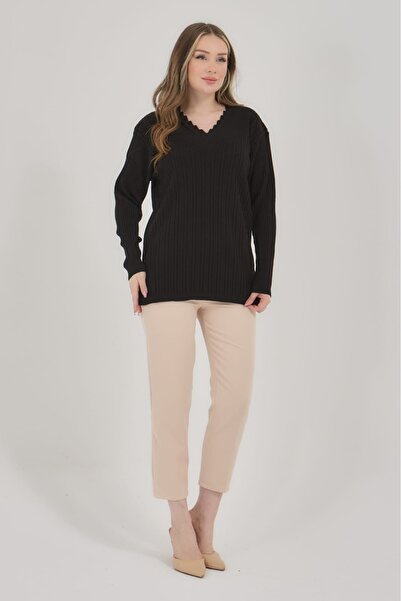 Elçelya Moda Kadın Triko Siyah V Yaka Kışlık Esnek Anne Kazak